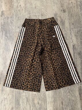 adidas Brown and Black Leopard Print Wide-Leg Track Pants with White Stripes